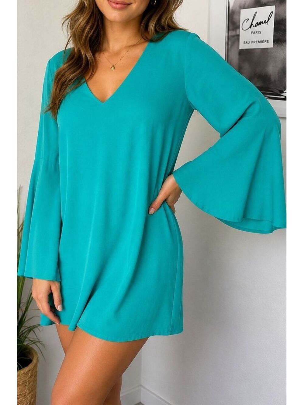 Bebe Turquoise Tunic Top Womens Ruffle Bell Sleeves Blouse Dress Y2K Holiday